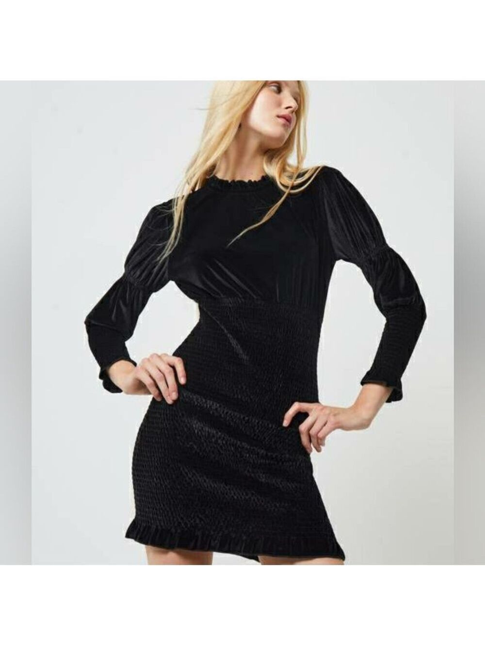 #87 French Connection Sula Black Velvet Shirred Ruffle Mini Dress 0264
